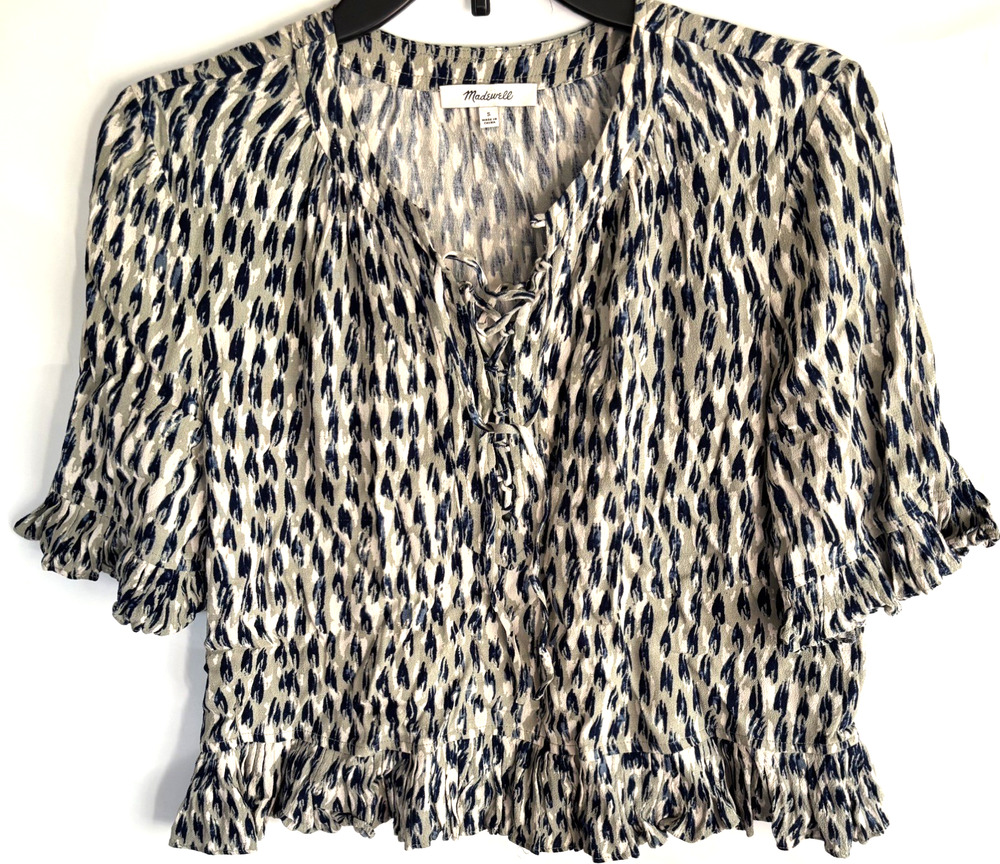 Madewell Sunpleat Lace Up Gray Blue Feather Blouse Womens Size Small